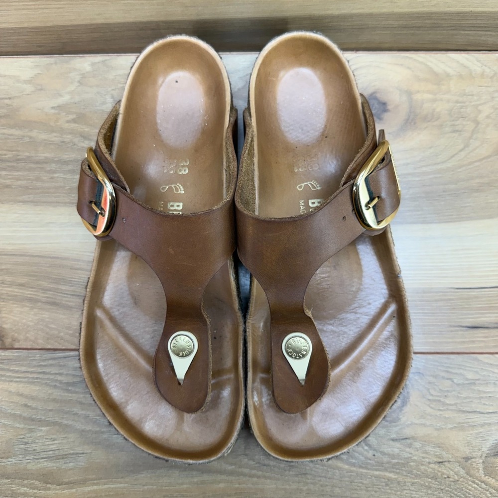 Birkenstock Gizeh Big Buckle Cognac Sandals 7 W EU 38 Leather Thong Flip Flop